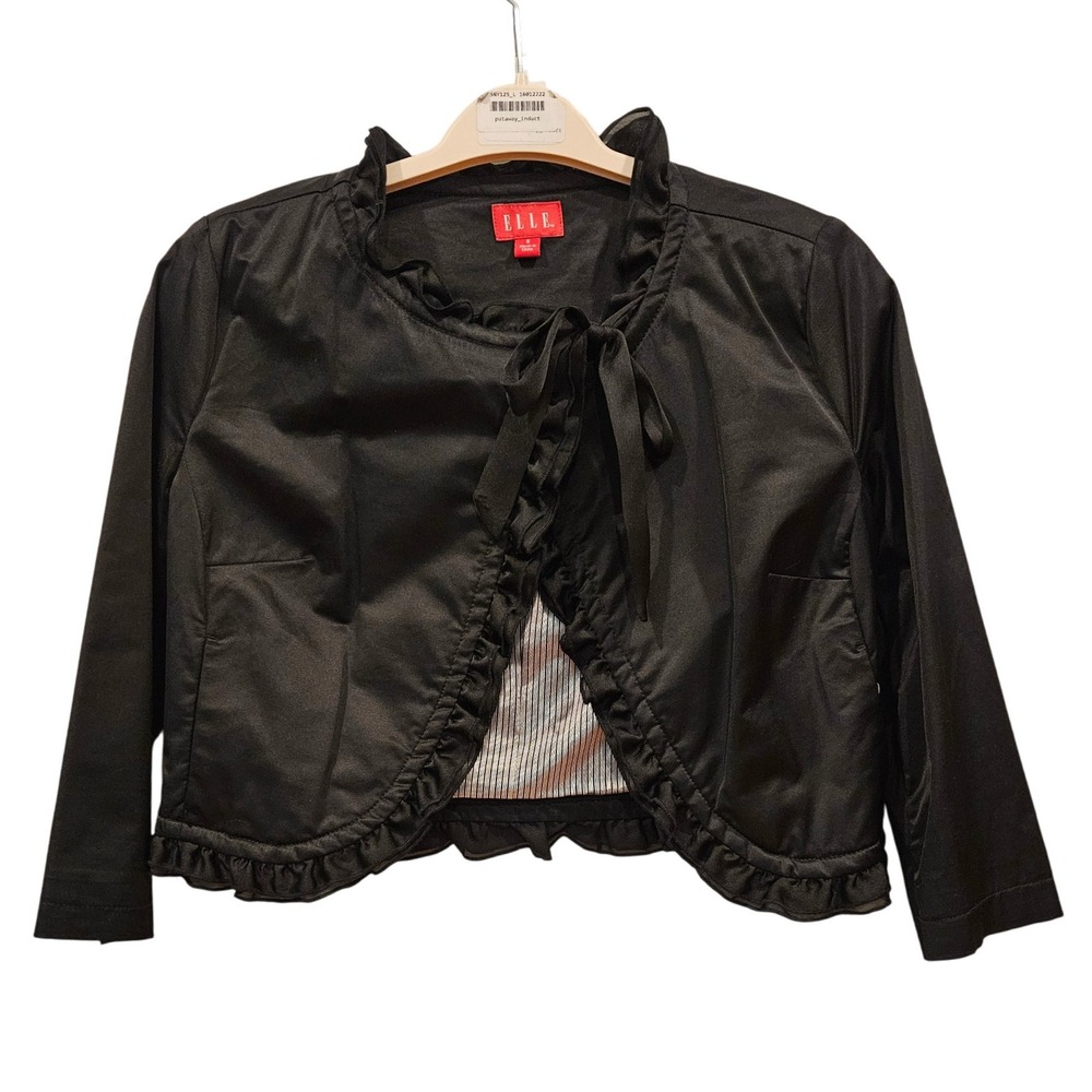 ELLE‎ Women's Black Ruffle Tie Front Cropped Bolero Jacket S Goth Witchy